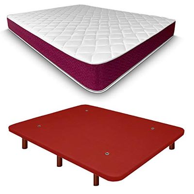 Duérmete Online Base tapissée 3D renforcée Anti-Bruit + Matelas viscoélastique Lyla réversible Pieds en Bois Couleur Wengé Rouge 90 x 180 cm