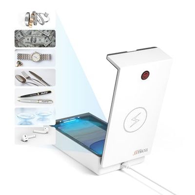 Technaxx Boîte de désinfection UV pour téléphones Mobiles et Objets - Efficacité stérilisation 99,9%, Chambre Huile aromatique, Recharge sans Fil 5W téléphones Mobiles - Stérilisateur UV TX-148