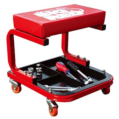 Torin TR6300 Red Rolling Creeper Garage/Shop Seat: Padded Mechanic Stool with Tool Tray Large