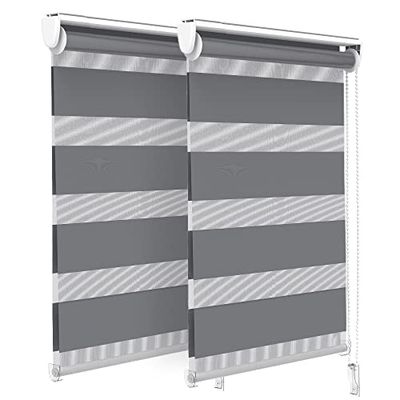 VOUNOT Set van 2 vaste rolgordijnen zonder boren, duo rolgordijnen voor ramen en deuren, lichtdoorlatend & verduisterend raamrolgordijn, 50x150cm, Grijs