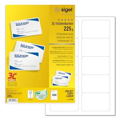 SIGEL LP798 Business Cards, 3C, 85x55 mm (A4), with rounded corners, dyi blank playing cards225 gsm, printable, bright White, 100 pieces= 10 sheets