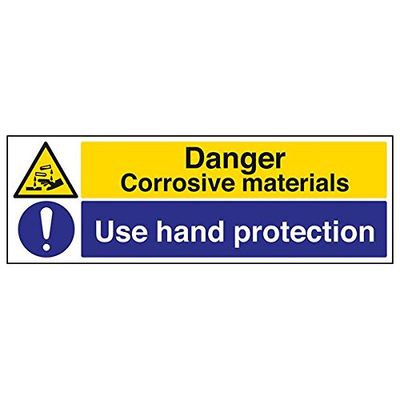 VSafety "Corrosive Material/Use Hand Protection"-skylt, (paket med 3), 600mm x 200mm, 3