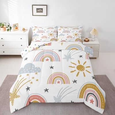 Erosebridal Conjunto de Roupa de Cama Arco-íris para Meninas, Conjunto de edredom de Sol e estrelas, Tamanho Duplo para meninos e crianças, Estilo de desenho Animado nuvem, edredom