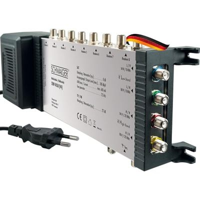 SCHWAIGER -SEW4058 531- SAT Multiswitch | 5 -> 8 | verdeelt 1 SAT-signaal naar 8 deelnemers | SAT-verdeler | geïntegreerde voeding | voor terrestrische signalen, Quad LNB, Quattro LNB | zwart, grijs