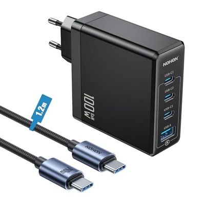 NOHON USB-C oplader Fast Voeding: 100 W GaN mobiele telefoon 3-poorts snellader PD Charger 3.0 met 140 W type C 1,2 m oplaadkabel | PPS compatibel met MacBook iPad Pro Air Galaxy S23 | voor iPhone 15