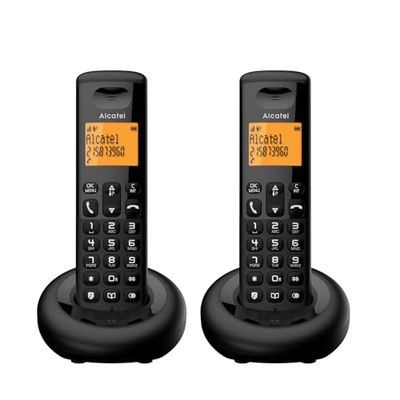 ALCATEL E160 Duo - Téléphone Fixe sans Fil DECT - Design Compact - Grand écran rétroéclairé - Fonction de Verrouillage d'appels indésirables - 3 mémoires directes - 2 Ordinateurs Portables - Noir