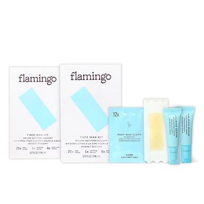 Flamingo Set di cera per il viso – Set per donne con 40 strisce di cera per il viso, 2 sieri lenitivi e 12 salviette per la cura delle donne, strisce di cera per il corpo, cera depilatoria