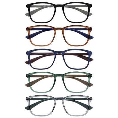 OPULIZE Max Gafas de Lectura - Pack de 5 - Marco Rectangular Clásico Grande - Negro Mate Marrón Azul Verde Gris - Unisex Hombres Mujeres - Bisagras de Resorte - RRRRR78-12367 - +2.00