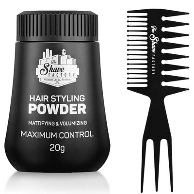 The Shave Factory Hair Styling Powder - Mattifying and Volumizing Powder, with comb types suitable for all areas of use, hair comb and powder wax (Comb 034 & Styling Powder)