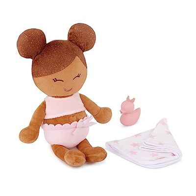 LullaBaby Baby Girl Bath Doll – 14 inch Baby Girl Dolls, Plush Water Toy, Olive Skin Tone and Light-Brown Hair, Cute Rubber Duck, Water-Safe Bathtime Toy for Ages 2+