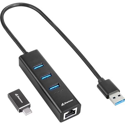 Sharkoon 3-port USB 3.2 GEN 1 aluminiumhub, RJ45 Ethernet-adapter, svart