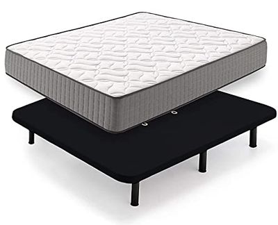 HOGAR24 HS14 Matelas à mémoire de Forme + Base tapissée, Couleur Noire, avec Pieds, Mesure 135 x 190 cm, Noyau Fresh Natur Haute densité Effet régénérateur, Hauteur 24 cm