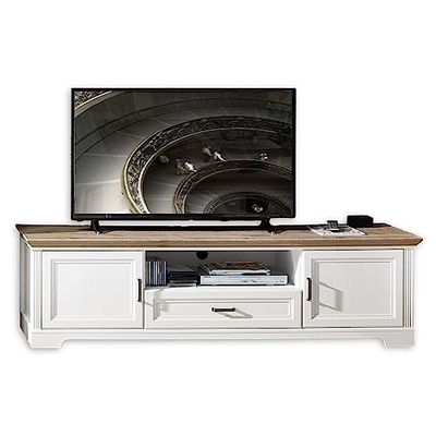 Stella Trading Jasmin Artisan Lowboard in licht grenen, eiken-look, tv-kast met lade en veel opbergruimte voor je woonkamer in landelijke stijl, karton, medium