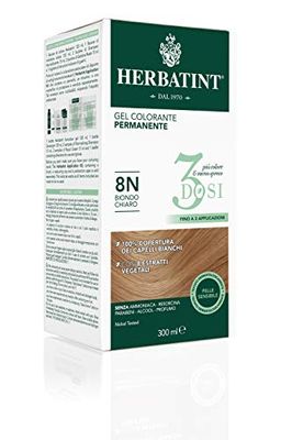 Herbatint Gel Colorant Permanent 3Doses, 300 ml - 8 N Blond Clair, Sans Ammoniaque, pour peaux sensibles, 100% Couverture Cheveux Blancs avec 8 Extraits Naturels Bio