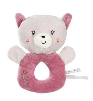 GIPSY TOYS – PELUCHE - HOCHET CHAT – GAMME « BAMBOO » - 14 CM S/CARTE – ROSE ET GRIS – 1ER AGE