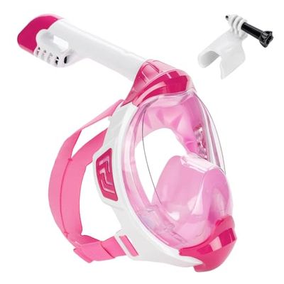 AQUASTIC Kai JR Masque de Tuba Taille XS Visage Complet Vision à 180° Système de Circulation d'air Collier Inférieur en Silicone Valve Anti-Vapeur Verre Polycarbonate Couleur Rose