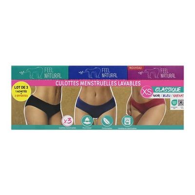 Pack de 3 bragas clásicas (1 negro +1 granate + 1 azul) XS - Feel Natural