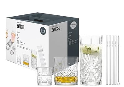 Schott Zwiesel Set da 17 Barset Show, 4 graziosi bicchieri da long drink, whisky e liquore con rilievo, 4 cannucce in vetro e 1 spazzola in cotone, bicchieri di cristallo lavabili in lavastoviglie
