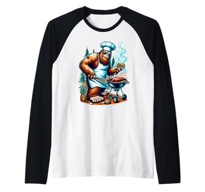 BBQ Master Bigfoot Chef Grill Cooking Barbecue Dad Funny Maglia con Maniche Raglan