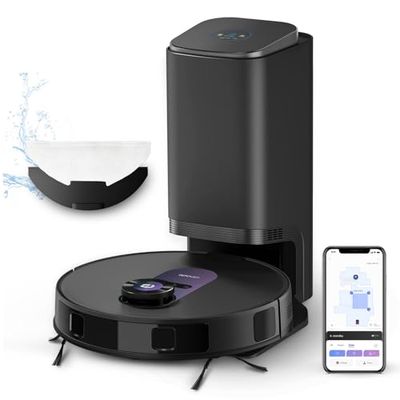 Obode A8+ Robot Aspirapolvere Lavapavimenti con Svuotamento Automatico Polvere,4000Pa Aspirapolvere Robot,10mm Sollevamento Mop,Rilevamento ostacoli 3D,Autonomia 180min,Ideale per Peli di Animali