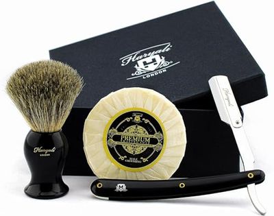 Haryali London Shaving Kit - 3 Pc Shaving Kit - Cut Throat Razor - Super Badger Hair Shaving Brush - Shaving Soap - Unique Shaving Set as a Gift Set - Black Color