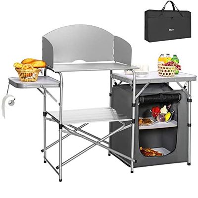 BAKAJI Cuisine Armoire De Table De Camping Pique-Nique Compact Portable Pliable avec Cadre en Aluminium avec Kitchenette Bavettes De Transport Sac De Rangement en Tissu Noir