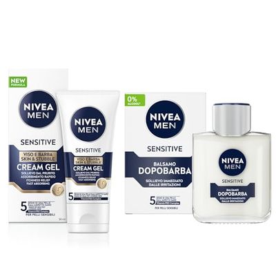 NIVEA MEN Sensitive Cofanetto Uomo, Kit barba uomo con Balsamo Dopobarba 100 ml lenitivo e Crema Viso e Barba Cream Gel 50 ml idratante per il post-rasatura delle pelli sensibili e arrossate