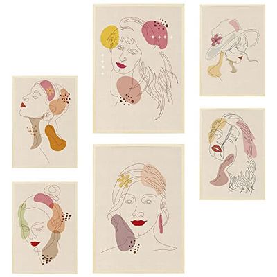 Arterby's® - Set 6 pezzi - Poster Quadro Cornice Tela - Illustrazione Viso Donna Linea Astratta Ritratto - Made in Italy Tela con Cornice Colore Legno 4x(50x70cm) e 2x(60x90cm) S6A001 D001