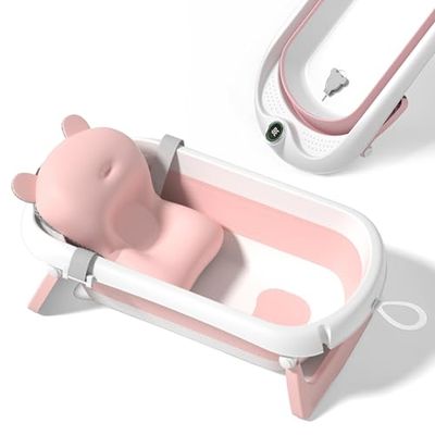 Baignoire Bébé Pliable XXL Avec Coussin De Bain Bebe Et Thermomètre Intégré - Baignoire Enfant Avec Siege De Bain Pour Bebe - baignoire Bebe Sur Pied - Idéal Pour Cadeau De Naissance Fille Ou Garçon
