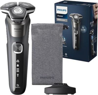 Philips Serie 5000 Afeitadora Eléctrica Hombre, Máquina de Afeitar Barba con Recortadora, 45 cuchillas, Cuida la piel, 60min de uso, En Seco y Húmedo, Recargable, Base Carga, S5887/13, Gris