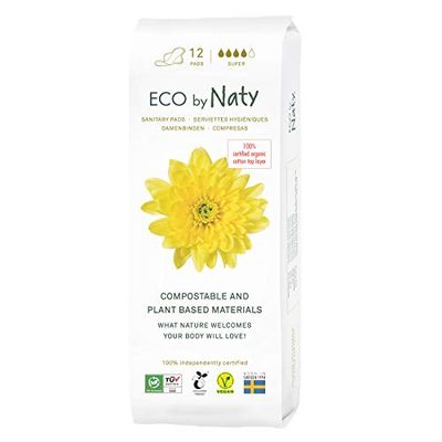 Eco by Naty Compressas com asas super - compostas à base de plantas e absorventes para mulheres, produto menstrual de algodão orgânico, melhor para a saúde feminina (12 unidades)