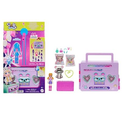 Polly Pocket - Disco Dance Fashion Reveal, playset da viaggio a forma di stereo portatile, include bambola con felpa, gioco d'acqua a sorpresa e 16+ accessori, giocattolo per bambini, 4+ anni, HRD65