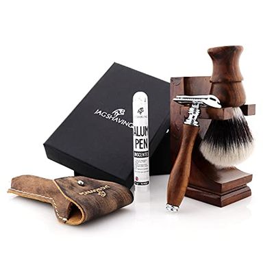 Jag Shaving Set da barba – Set di 4 pezzi in legno – Pennello sintetico argento – lama doppio bordo – supporto per rasoio – Custodia in pelle per rasoio