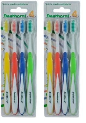 Denthoral, Spazzolini 4 Family, Spazzolini Denti con Manico Ergonomico e Setole Medie con Punte Arrotondate per una Corretta Rimozione della Placca, Confezione da 8 Spazzolini in Formato Famiglia