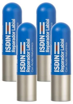 ISDIN Reparador Labial Stick, Reparador Labial en barra con ácido hialurónico que protege y repara los labios, 4g (Paquete de 4)