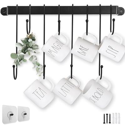 AJART Coffee Mug Rack (17 Inch/Black) Wall Mounted Coffee Cup Holder with Flexible Hooks for Coffee Mugs Teacups Mason Jar Kitchen Utensils, Display Organizer and Storage Hanger