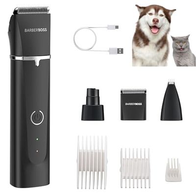 BarberBoss Professional Dog Grooming Kit – Pet's Groomer, Cordless Dog Clippers for Thick & Matted Fur, Cats Paw Trimmer, Cat Clippers, Rechargeable Pet Grooming Set
