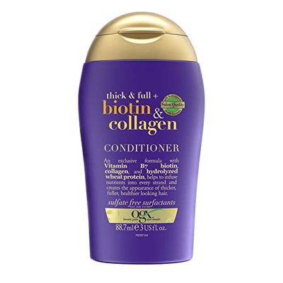 OGX Thick & Full with Biotin & Collagen Conditioner, with Vitamin B7 Biotin, Collagen and Hydrolyzed Wheat Protein, for Thicker, Fuller & Healthier-Looking Hair, Sulfate Free, 88.7ml
