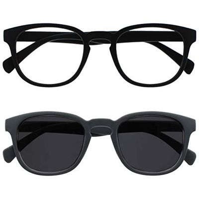 OPULIZE Pop Double Pack Lunettes De Lecture Lecteurs Soleil Rétro Rond Noir Gris Hommes Femmes Charnières Ressort RS2-17 +1,50