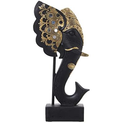 DRW Figura de una Cabeza de Elefante de Resina con Soporte en Dorado y Negro 18x10x36cm