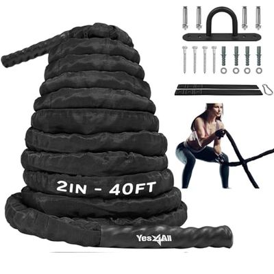 Yes4All Trainingstouw voor gevechtsoefeningen met beschermhoes, stalen anker en band inbegrepen, 38 mm/50 mm diameter poly dacron 9 m, 12 m, 15 m lengte, zwart, 50 mm - 12 m
