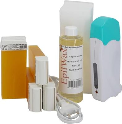 EpilWax - Kit Chauffe Cire Épilation Professionnelle avec 4 x Recharges Roll on Cire Miel, 100 x Bandes d'Épilation et Huile après Épilation - Gamme Solo Basique