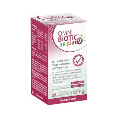 OMNi BiOTiC SR-9 Kids | 28 bâtonnets | 9 souches bactériennes | Laisser fondre directement sur la langue | Végétalien | Sans gluten | Sans lactose