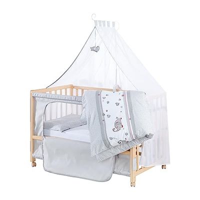 roba Jumbotwins bijzetbed 60 x 120 cm - babybed om op te zetten - inclusief matras, beddengoed, hemel in olifantendesign - mobiel en in hoogte verstelbaar - hout wit
