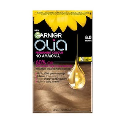 Garnier Olia Permanent Hair Dye, No Ammonia, Full Grey Coverage, Long-lasting Colour & Shine, Vegan Formula, Colour: 8.0 Blonde, 230g