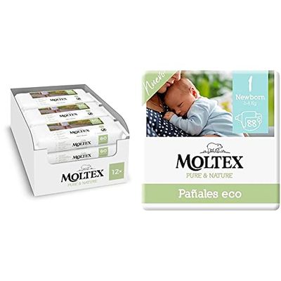 Moltex Pure & Nature Toallitas para Bebé - 720 toallitas, 12 paquetes (12x60) & Pañales Ecológicos Talla 1 (2-5 kg) - 88 Pañales