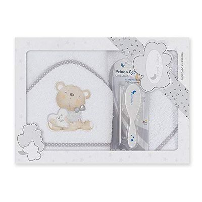 Amazon - Cape de bain avec capuche, Love blanc et gris - 100% coton -et Ensemble Brosse à Cheveux et Peigne