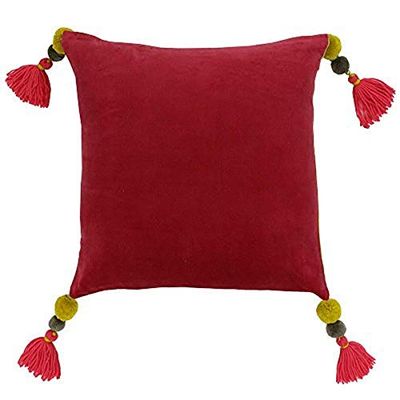 Riva Paoletti Poonam Polyester Filled Cushion - Pomegranate and Lemon Curry Yellow - Faux Velvet Fabric - Pompom Tassel Corners - Machine Washable - 100% Cotton - 45 x 45cm (18" x 18" inches)