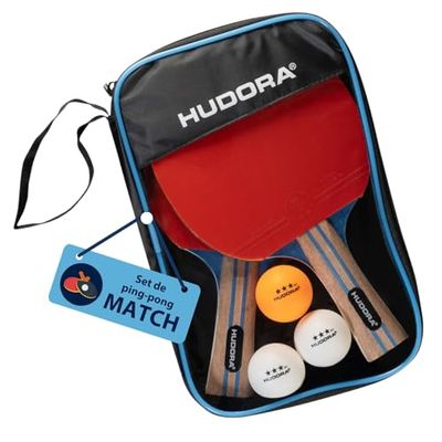 HUDORA Set de ping-pong Match - Set de haute qualité avec 2 raquettes & 3 balles - Set de raquettes de ping-pong avec sac de rangement - Raquettes de tennis de table pour joueurs confirmés