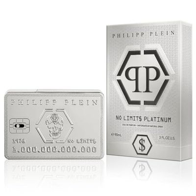 Philipp Plein Eau de Parfum No Limits Platinum 90 ml – herrparfym – aromatisk fougère doft – aromatiska anteckningar – platinalackad glasflaska med kreditkortsform